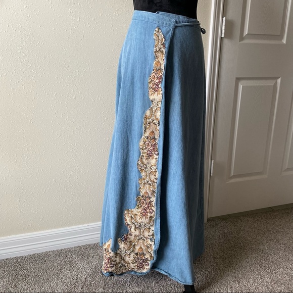 yuk yums Dresses & Skirts - Boho Wrap denim Skirt Embroidered Vintage Maxi Denim Floral Wrap Skirt 2…